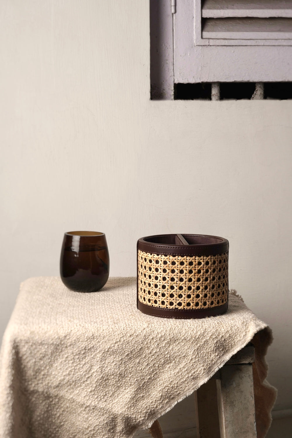 Vegan Leather Rattan Caddy with Partition
