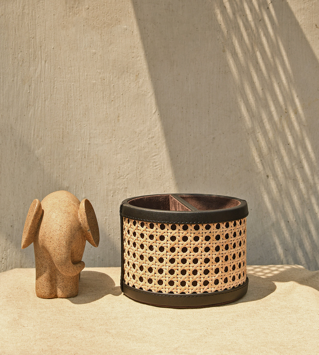 Vegan Leather Rattan Caddy with Partition