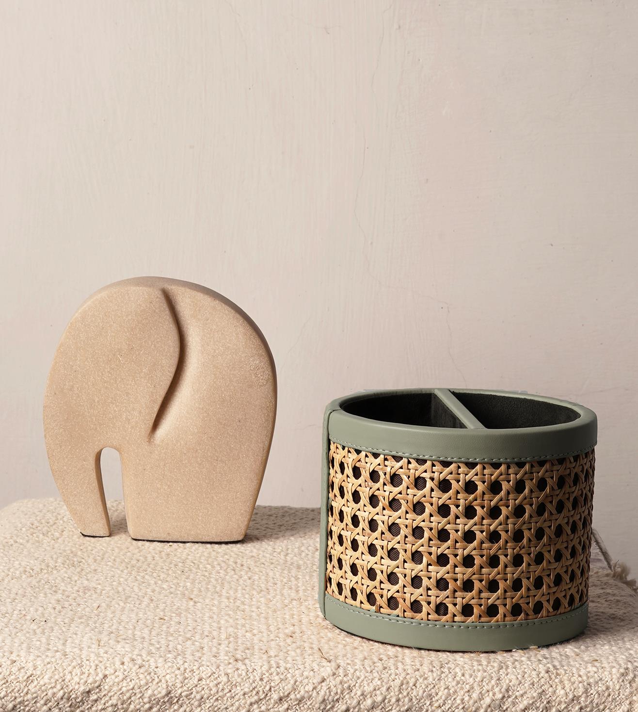Vegan Leather Rattan Caddy with Partition
