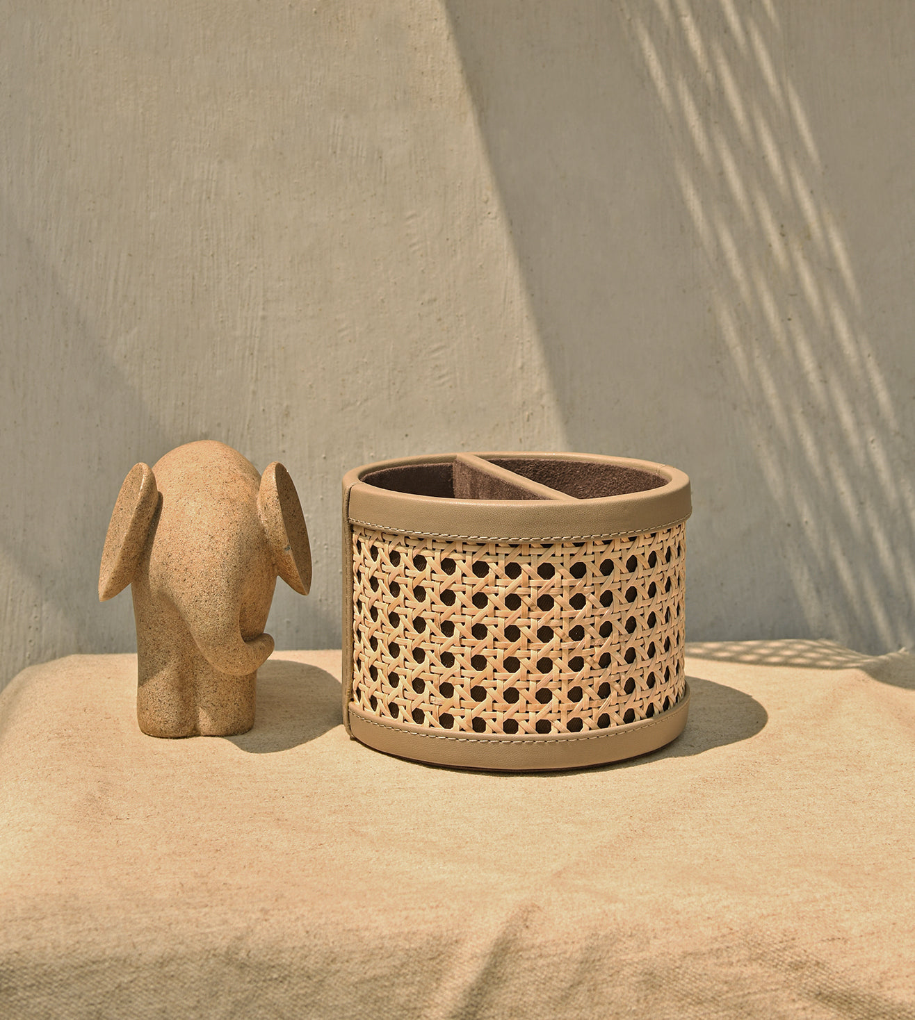 Vegan Leather Rattan Caddy with Partition