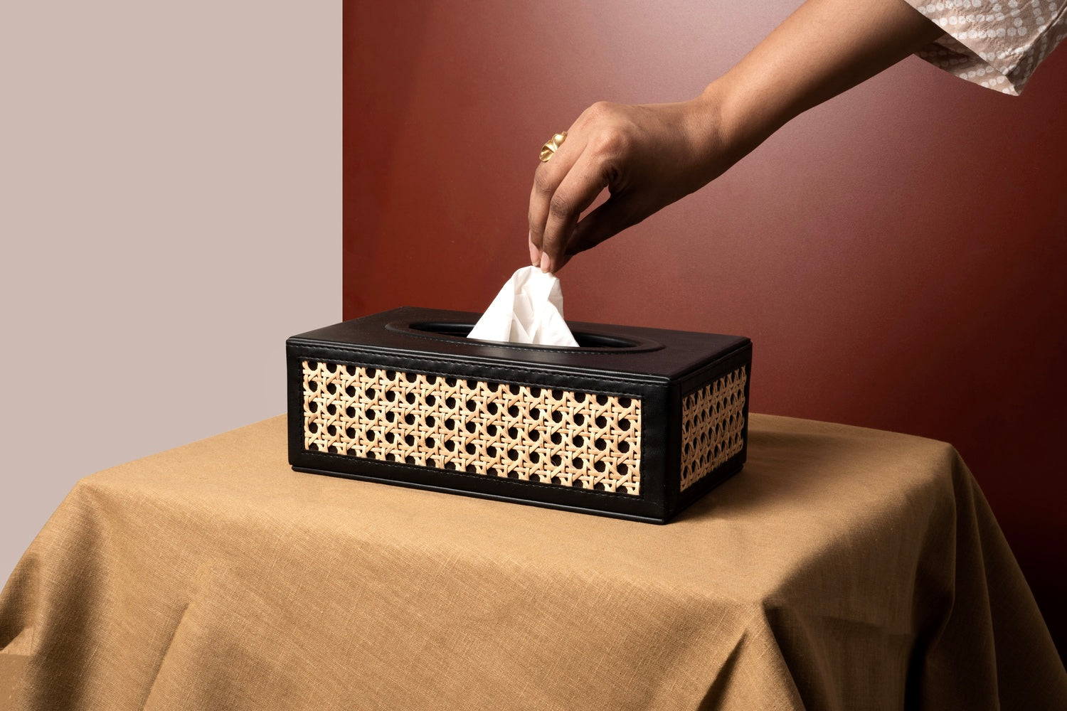 Vegan Leather and Rattan Tissue Box - Weave