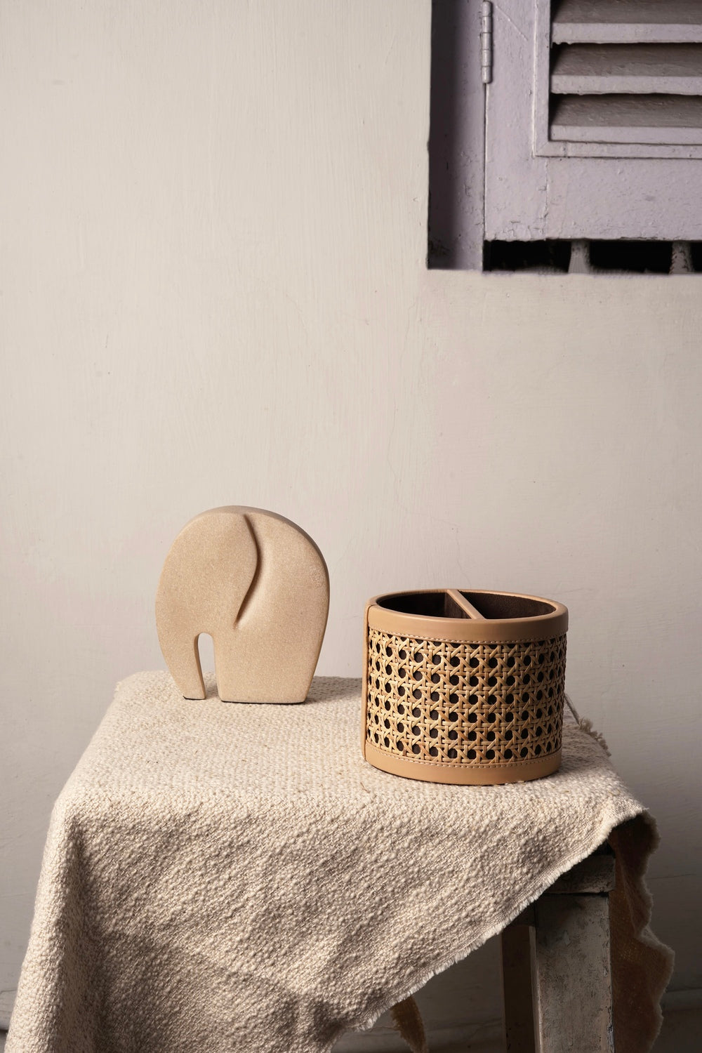 Vegan Leather Rattan Caddy with Partition