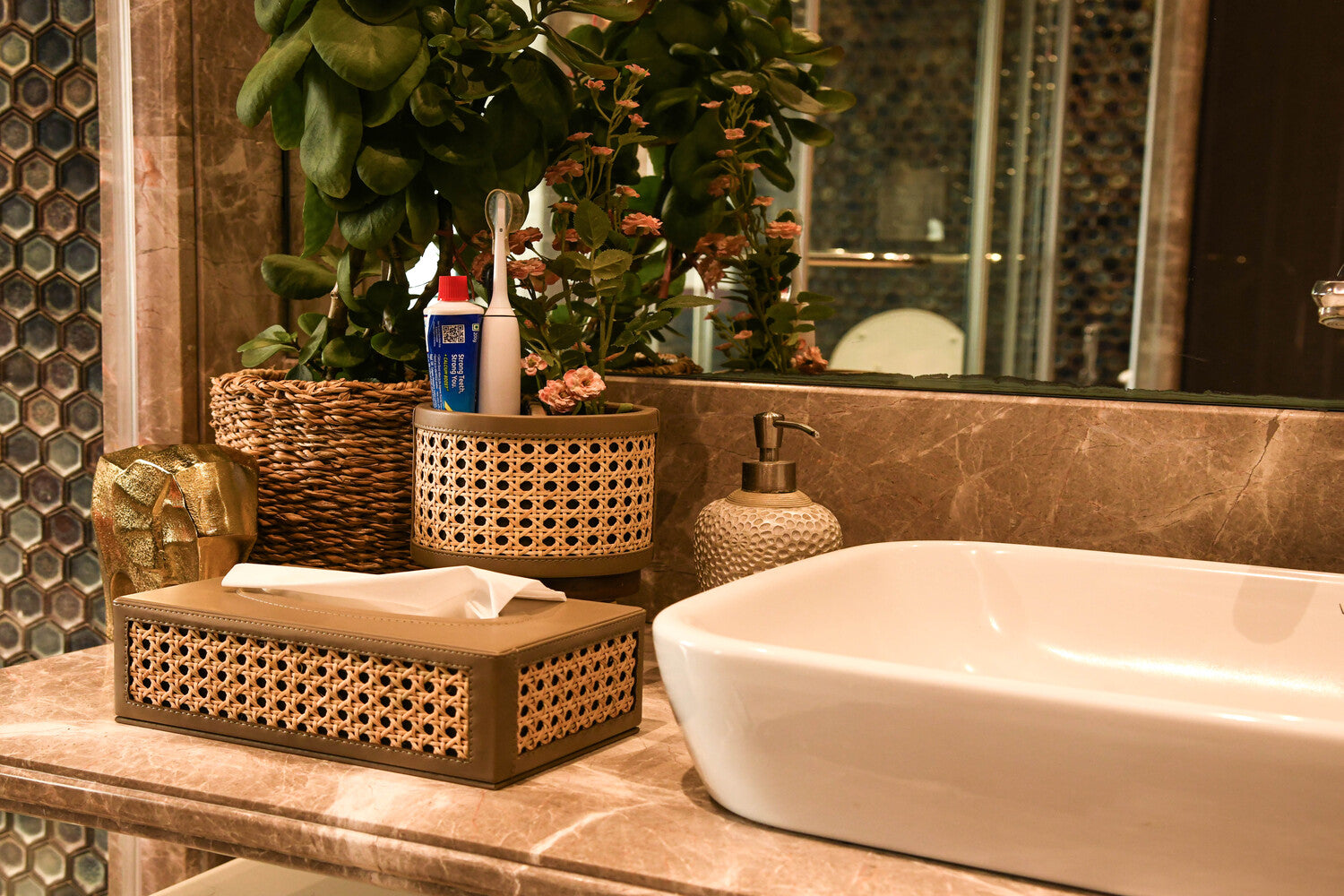 Vegan Leather and Rattan Tissue Box - Weave