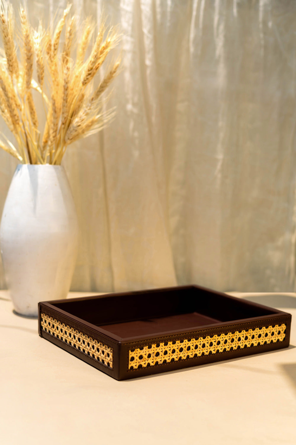 Vegan Leather Rattan Rectangle Tray
