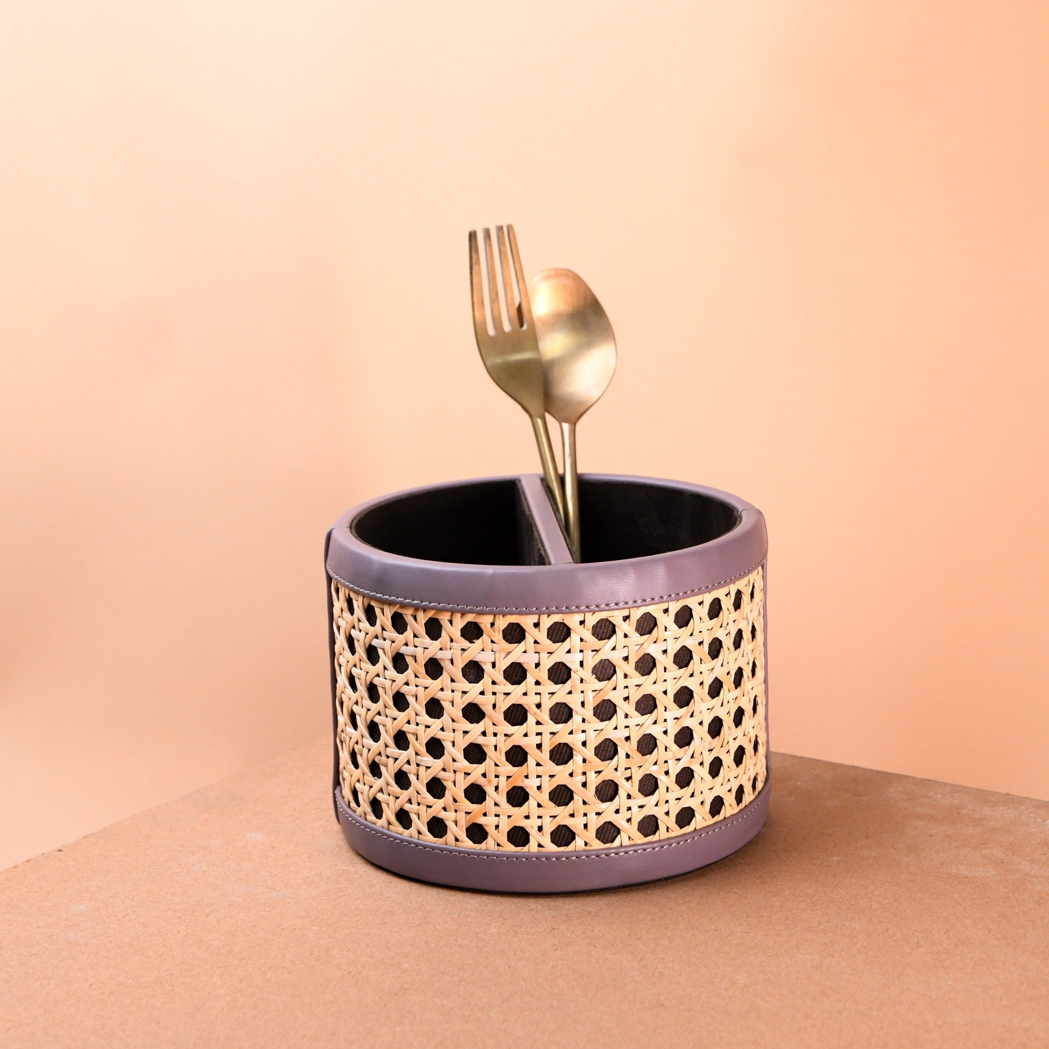 Vegan Leather Rattan Caddy with Partition