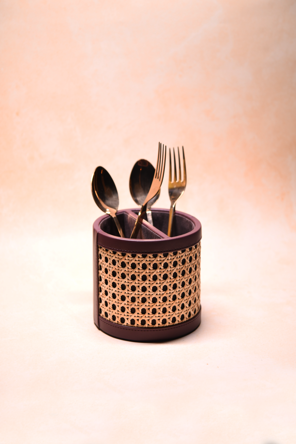 Vegan Leather Rattan Caddy with Partition