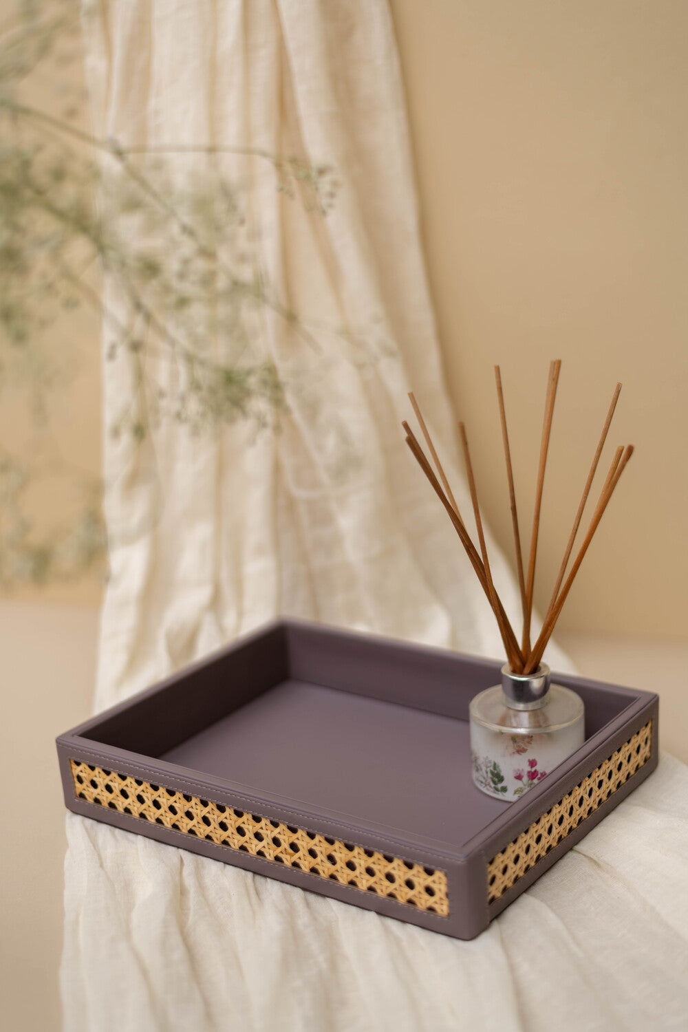 Vegan Leather Rattan Rectangle Tray