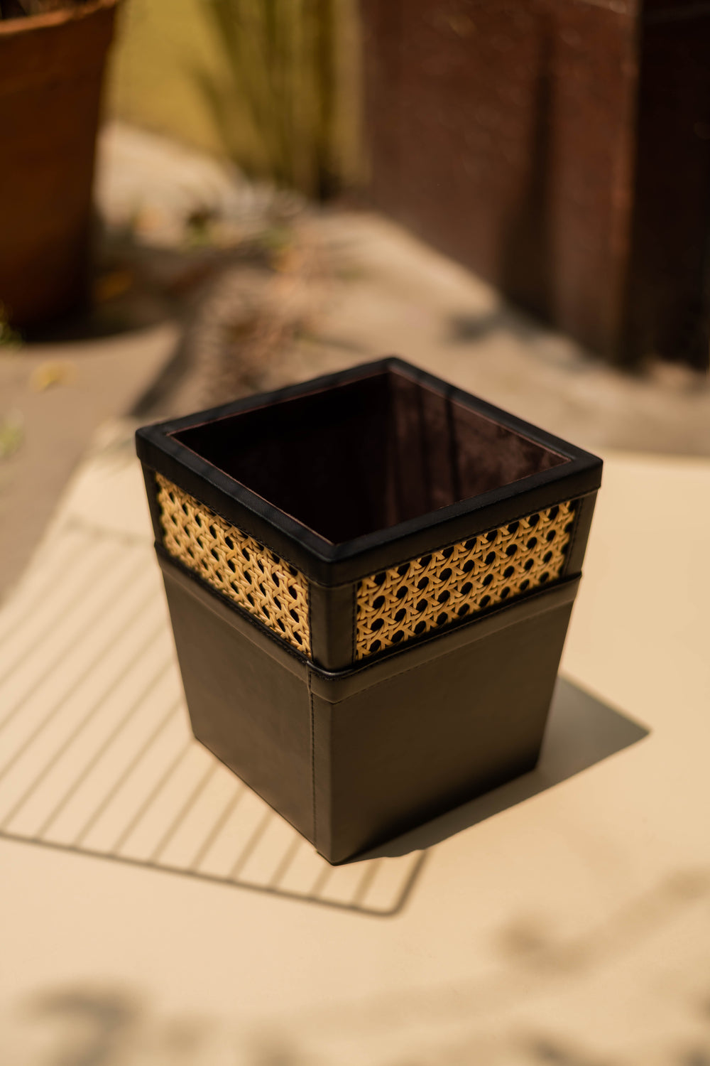 Vegan Leather and Rattan Aria Dustbin