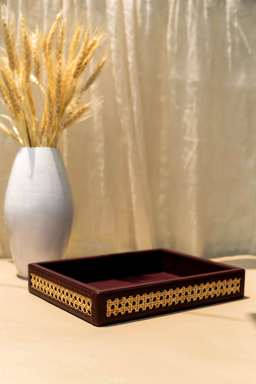 Vegan Leather Rattan Rectangle Tray