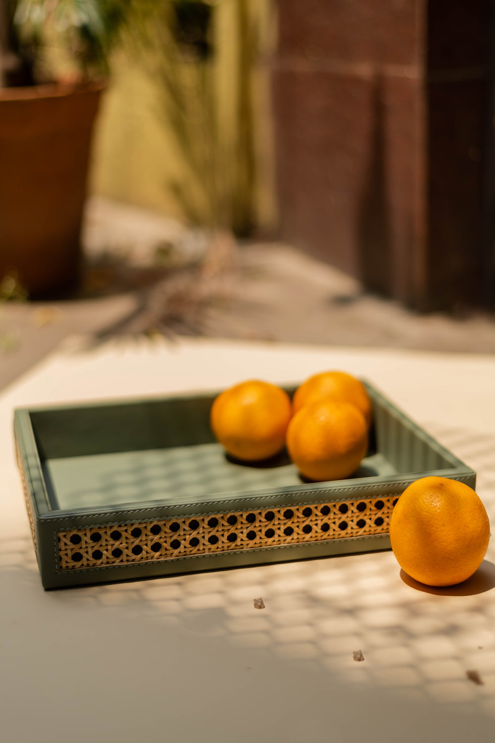 Vegan Leather Rattan Rectangle Tray