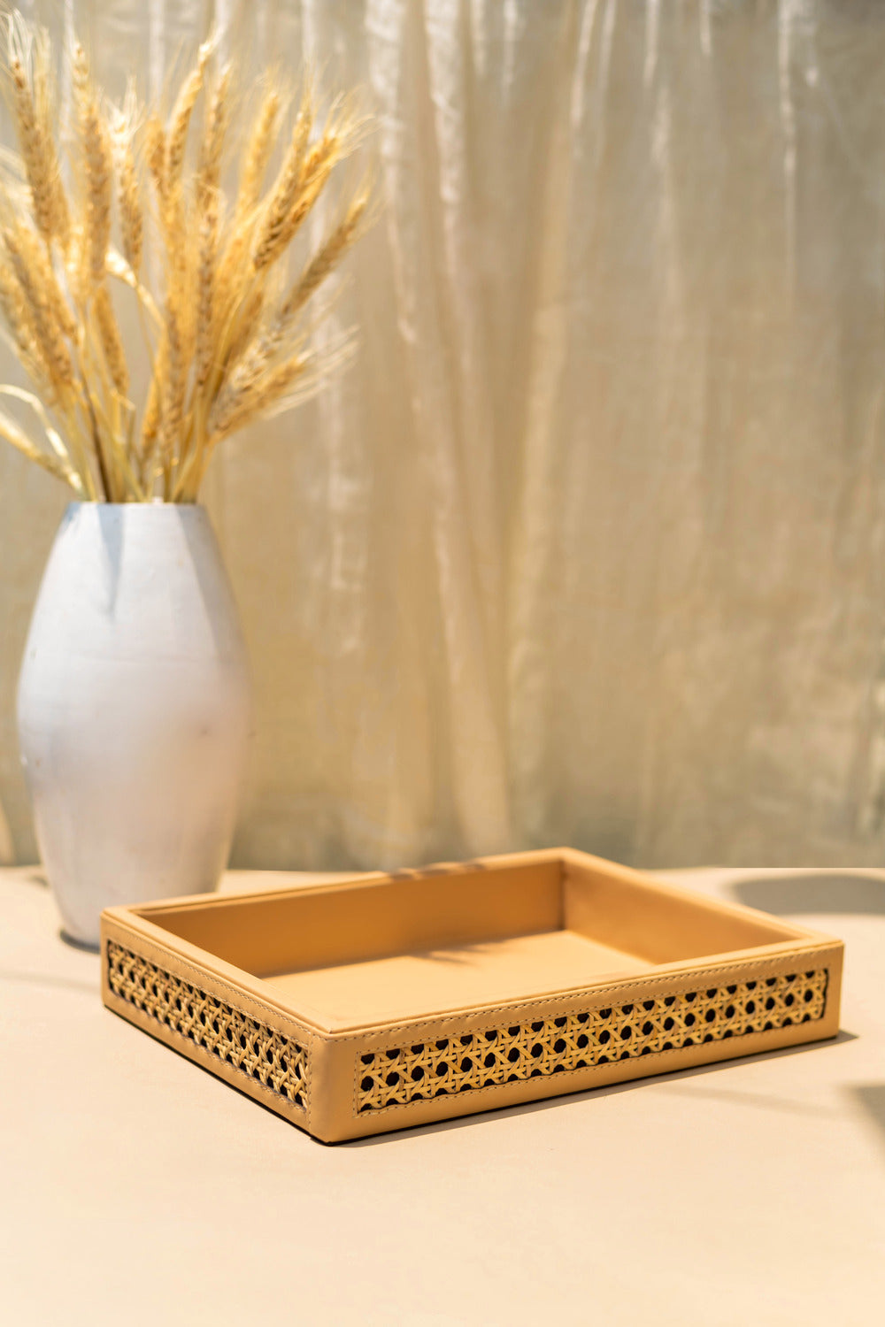 Vegan Leather Rattan Rectangle Tray