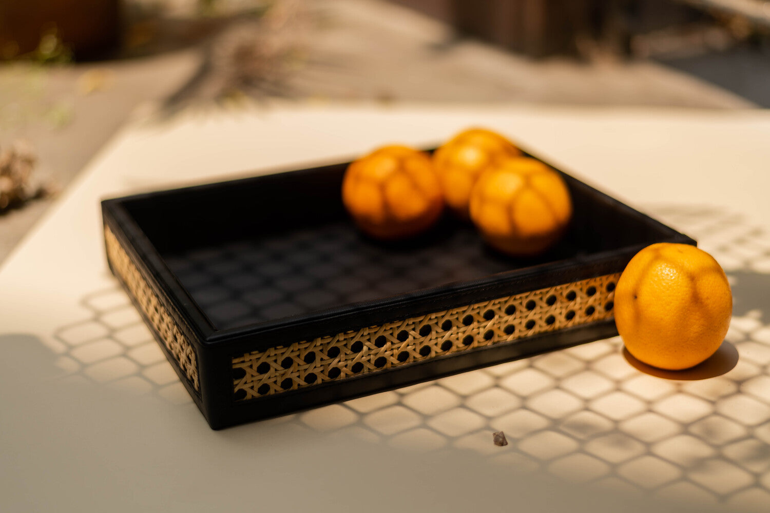 Vegan Leather Rattan Rectangle Tray